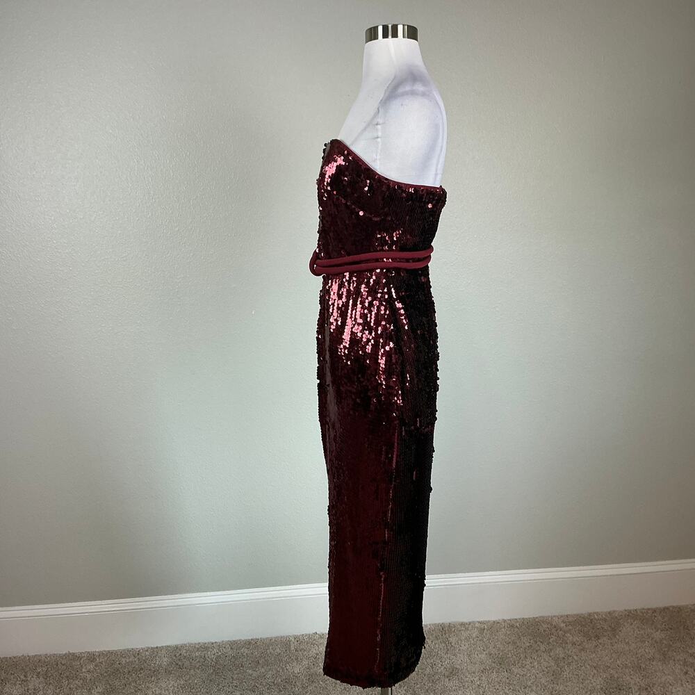 Badgley Mischka Red Cocktail Dress Sequined Strapless Belted Midi Sheath Size 16 - Picture 5 of 10
